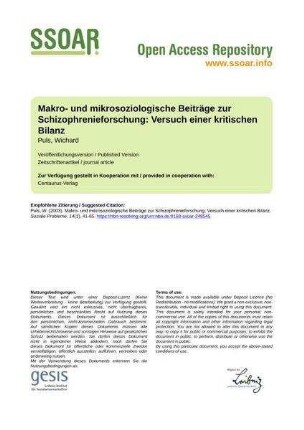 Makro- und mikrosoziologische Beiträge zur Schizophrenieforschung: Versuch einer kritischen Bilanz