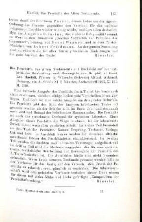 161 [Rezension] Haefeli, Leo, Die Peschitta des Alten Testamentes