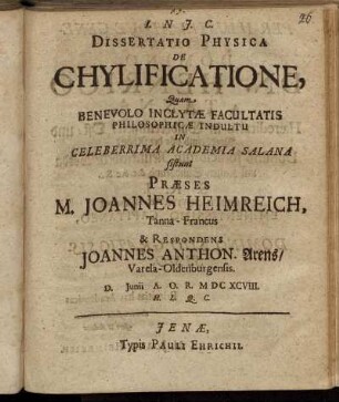 Dissertatio Physica De Chylificatione