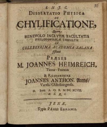 Dissertatio Physica De Chylificatione