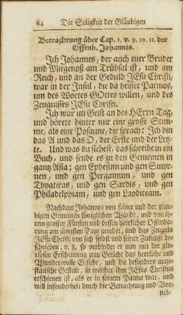 Betrachtung über Cap. 1. v. 9. 10. 11. der Offenb. Johannis.