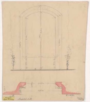 Liebstadt, Stadtkirche, Portal, Entwurf : Liebstadt, Stadtkirche, Portal, Entwurf mit Maßangaben, Richard Steche, um 1890. Bleistift, Pinsel in rot/Papier. 46,5 x 38,1 cm. Bez.: "Maassstab 1 : 10".