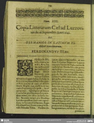 Num. XIII. Copia Litterarum Caes: ad Luzzovium de 26. Septembris Anni 1641