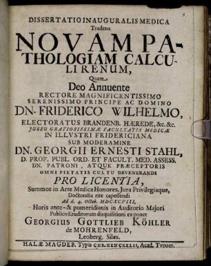 Dissertatio Inauguralis Medica Tradens Novam Pathologiam Calculi Renum