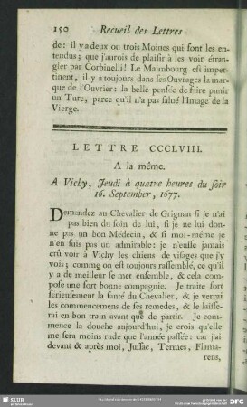 Lettre CCCLVIII. A la même. A Vichy, Jeudi à quatre heures du soir 16. Septembre, 1677