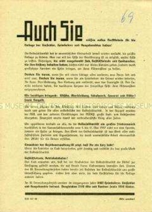 Aufforderung des Bezirksausschusses Dresden der Volkssolidarität zu einer Groß-Sammelaktion von Kleidern, Schuhwerk, Hausrat, Möbeln und Geld für Umsiedler, Heimkehrer und Ausgebombte