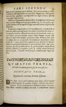 Quaestio Tertia, De caelo librationis, seu de decima sphaera.