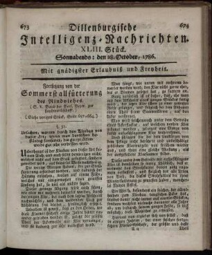 XLIII. Stück. Sonnabends: den 28. October, 1786.
