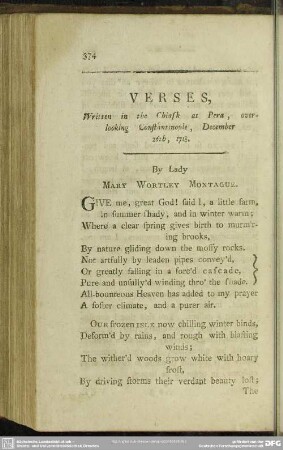 Verses, Written in the Chiask at Pera, overlooking Constantinople, December 26th, 1718
