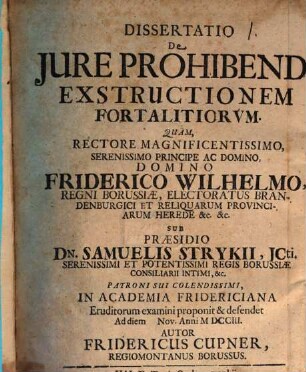 Dissertatio De Jure Prohibendi Exstructionem Fortalitiorvm
