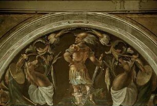 Mars, gerahmt von zwei Pferdeköpfen in Ranken