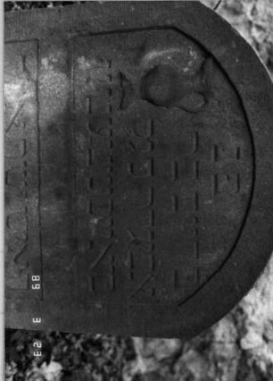 Grabstein 314 (Index: 99791704) Zustand: eingesunken, verwittert Maße HxBxT: 82x56x11 cm: Grabstein 314 (Detailaufnahme 1)