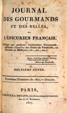 Journal des gourmands et des belles, ou l'épicurien français, 2,3. 1807,7