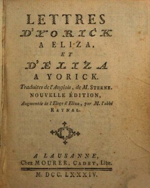 Lettres d'Yorick à Eliza et d'Eliza à Yorick