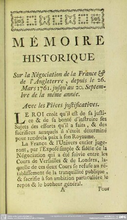 Sur la Négociation de la France & de l'Angleterre, depuis le 26. Mars 1761. jusqu' au 20. Septembre de la même année