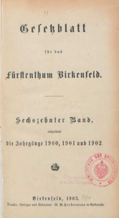 16.1900/02: Gesetzblatt für das Fürstenthum Birkenfeld