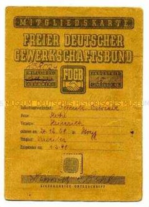 Mitgliedskarte FDGB von Heinrich Kohl