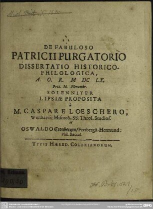 De fabuloso patricii purgatorio dissertatio historico-philologica