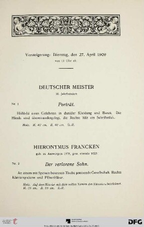 Versteigerung: Dienstag, den 27. April 1909 (Nr. 1-78)