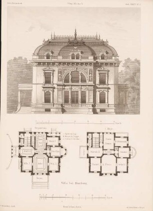 Villa, Hamburg: Grundriss EG, 1, OG, Seitenansicht (aus: Architektonisches Skizzenbuch, H. 134/5, 1875)