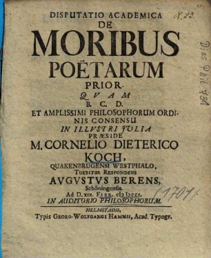Disputatio Academica De Moribus Poëtarum, 1