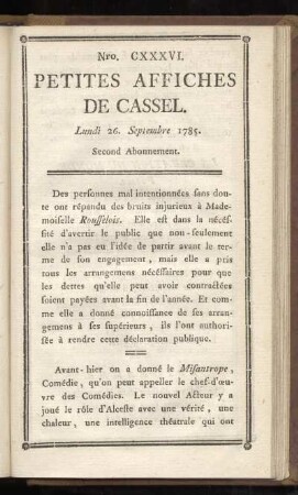 No CXXXVI (Lundi 26. Septembre 1785)