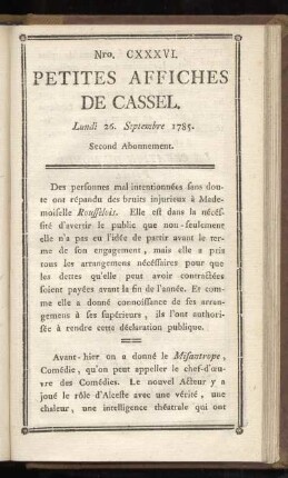 No CXXXVI (Lundi 26. Septembre 1785)