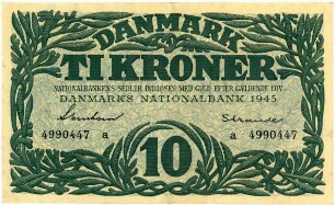 Geldschein, 10 Kroner, 1945