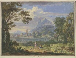Landschaft mit einer italienischen Stadt bei einem hohen Berg, rechts die Ruine eines Tempels, im Vordergrund zwei Figuren und ein Hund