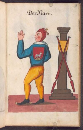 Diener als Narr gekleidet, mit Wappen Lemmel und Säule mit daran angelehnten Stechstangen