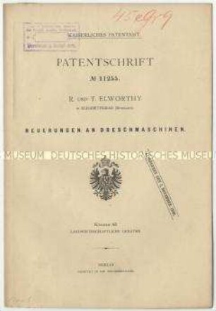 Patentschrift über Neuerungen an Dreschmaschinen, Patent-Nr. 11255