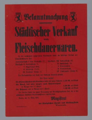 "Bekanntmachung Städtischer Verkauf von Fleischwaren"