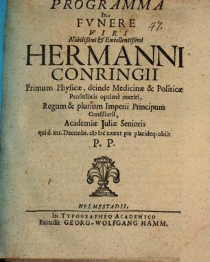 Programma in funere Hermanni Conringii, Prof. Helmstad. P.P.