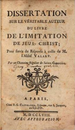 Dissertation sur le véritable auteur du live de imitation de J. Christ