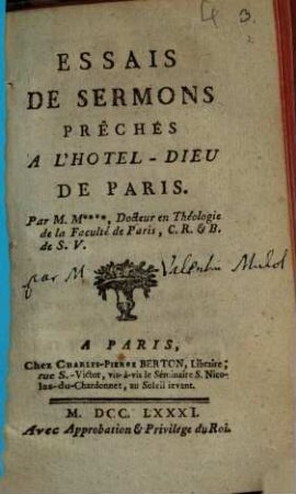 Essais de Sermons prêchés à l'Hôtel-Dieu de Paris
