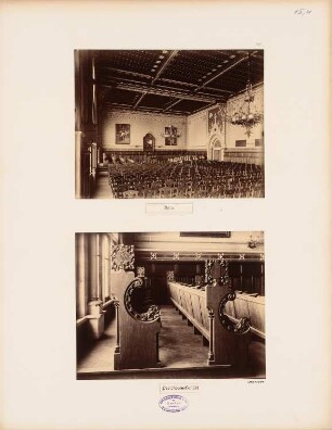 Auditoriengebäude der Philipps-Universität Marburg: Alte Aula. Links Innenansicht nach Süden, rechts Professorengestühl vor der Südwand