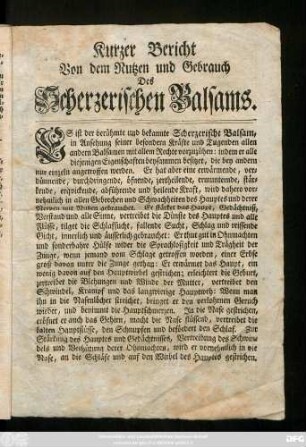 Kurzer Bericht Von dem Nutzen und Gebrauch Des Scherzerischen Balsams ... : Leipzig, im Febr. 1736.
