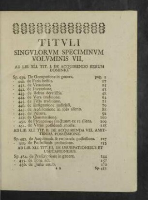 Tituli Singulorum Speciminum Voluminis VII.
