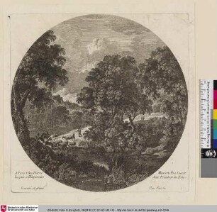 [Landschaft mit Hirten der seine Herde an das Ufer eines Flusses führt]