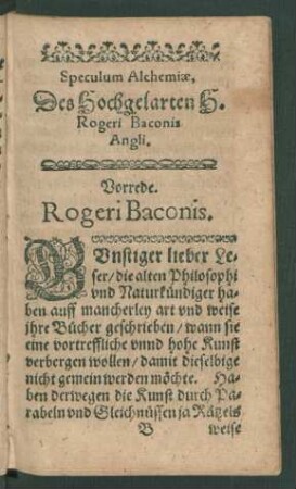 Speculum Alchemiae, Des Hochgelarten H. Rogeri Baconis Angli.