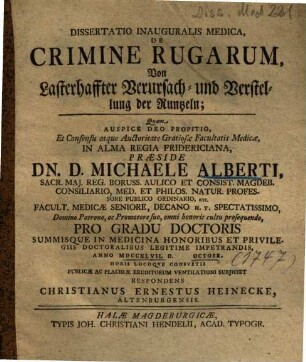 Dissertatio Inauguralis Medica, De Crimine Rugarum = Von Lasterhaffter Verursach- und Verstellung der Runtzeln