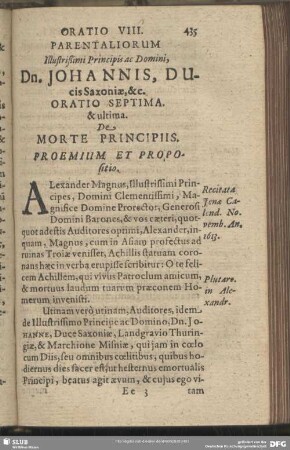 Oratio VIII. Parentaliorum Illustrißimi Prinicipis ac Domini, Dn. Johannis, Ducis Saxoniae, &c. Oratio Septima & ultima
