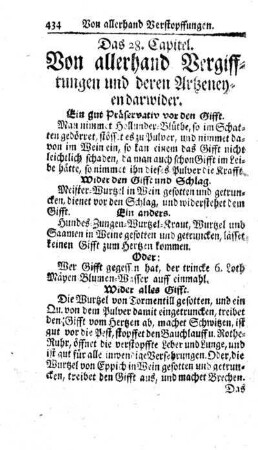 Das 28. Capitel. Von allerhand Vergifftungen und deren Artzneyen darwider.