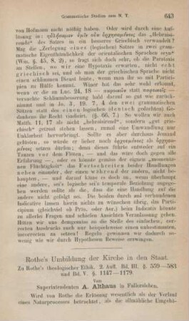 643-669 Rothe's Umbildung der Kirche in den Staat : zu Rothe's theologischer Ethik