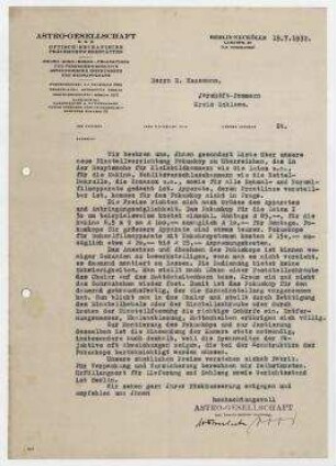 Brief von Astro-Gesellschaft m.b.H an Raoul Hausmann. Berlin