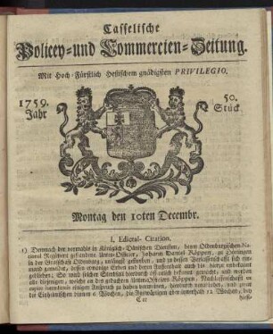 50. Stueck, Montag den 10ten Decembr. 1759