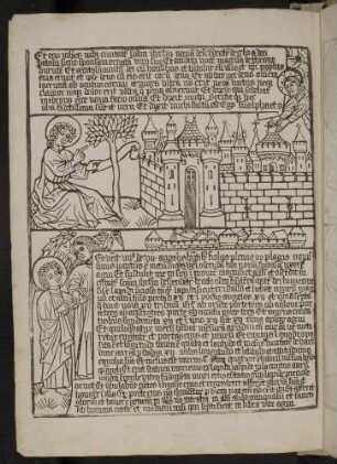 Johannes und das neue Jerusalem (Apc. XXI, 1-6); Ein Engel mit Gefäß beschreibt Johannes das neue Jerusalem (Apc. XXI, 9-27).