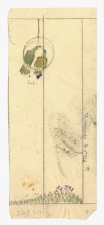 Entwurf für eine Wangestaltung : Wandgestaltung mit Wiese, Blumen und Papageien für einen Bereich neben einer Tür, handschriftlich kommentiert