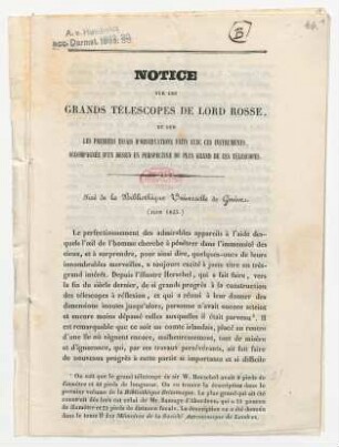 "Notice sur les grands télescopes de Lord Rosse"