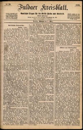 Erste Ausgabe vom Mittwoch, den 08. März 1876.